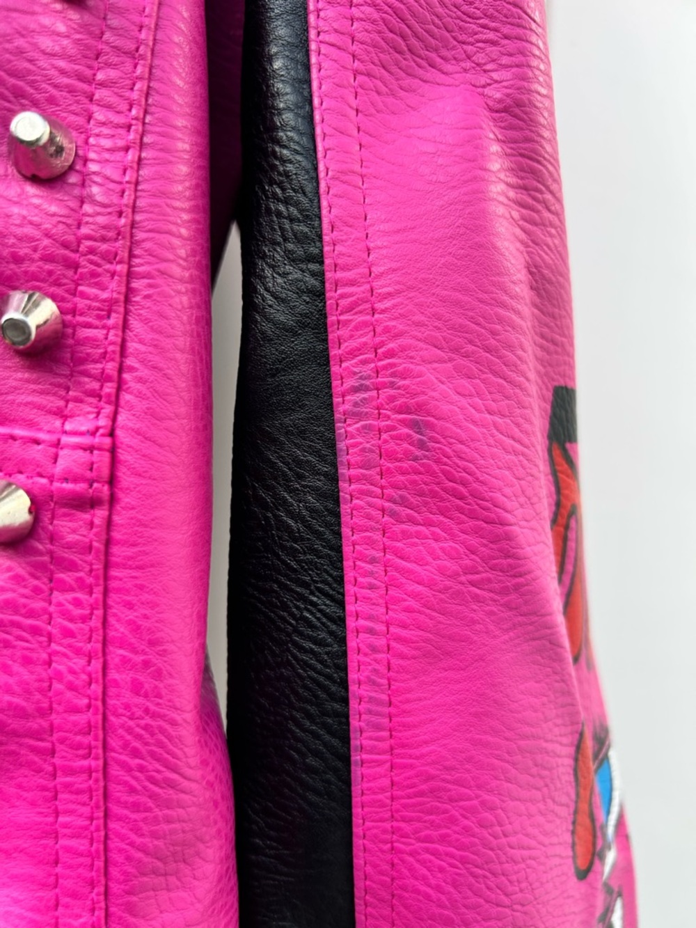 Street Punk Pleather Studded Black & Pink Graphic Biker Moto Jacket | Size XL - Picture 13 of 14